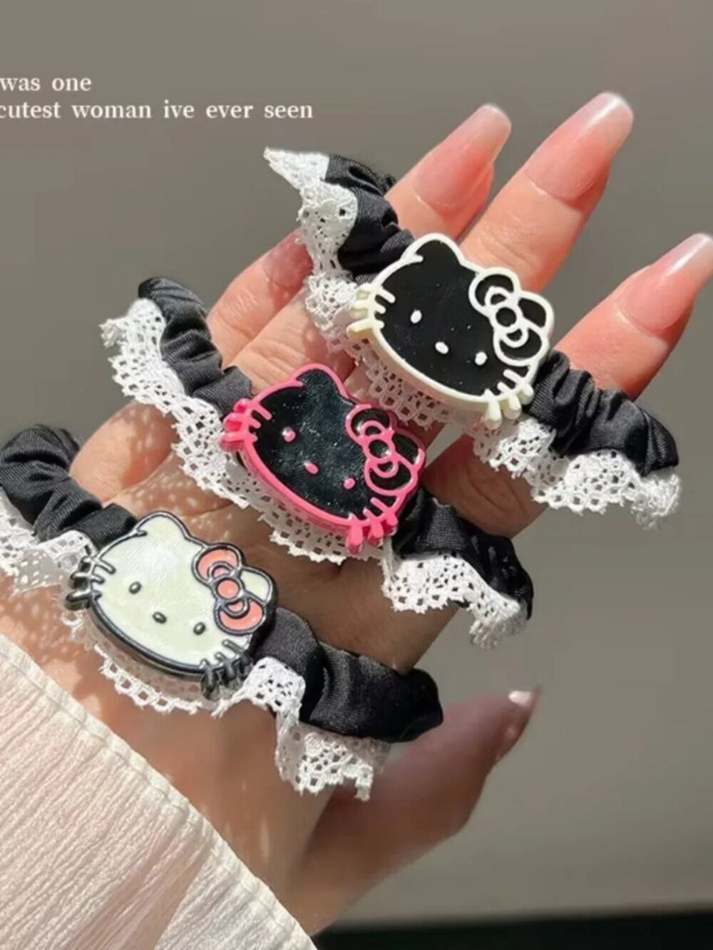 💲2⃣▶>Sanrio Hello Kitty Black and White Lace Scrunchie Set with Pink Accent